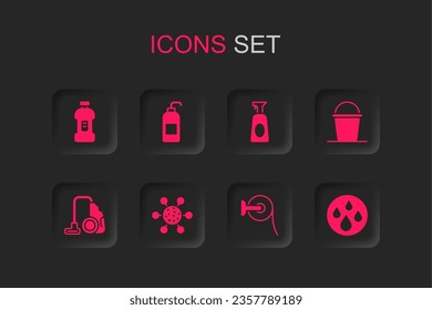 Set Bacteria, Antibacterial soap, Bottle for detergent, Toilet paper roll, Bucket, Water drop, Cleaning spray with and Vacuum cleaner icon. Vector