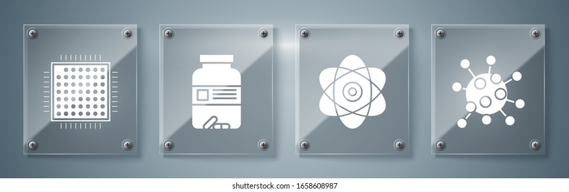 Set Bacteria, Atom, Medicine bottle and pills and Processor. Square glass panels. Vector