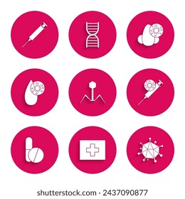 Set Bacteria bacteriophage, First aid kit, Virus, Syringe and virus, Medicine pill or tablet, Blood test, Runny nose and  icon. Vector