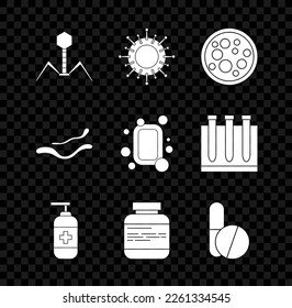 Set Bacteria bacteriophage, Virus, Bottle of liquid antibacterial soap, Medicine bottle and pills, or tablet, Ebola virus disease and Bar icon. Vector