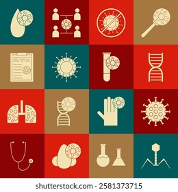 Set Bacteria bacteriophage, Virus, DNA symbol, Stop virus, Clipboard with blood test results, Blood and and Test tube icon. Vector
