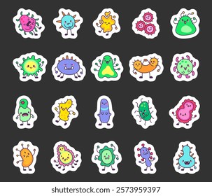 Set of bacteria cartoon characters with different emotions and poses for educational and creative biology design illustrations on microbiology and science, cute kawaii clip art for learning and fun