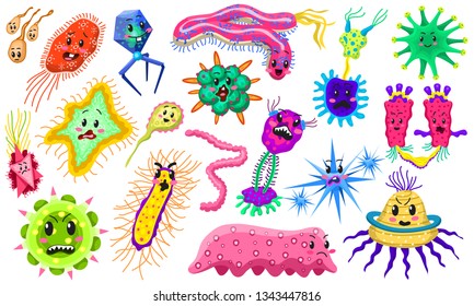 Set of bacteria characters. Cartoon Cute germ virus funny infection. Funny bad emotions micro Microbe. Color Monster, pathogen or parasite.
