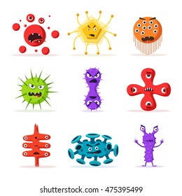 Set of bacteria characters. Cartoon vector illustration. Microbiology. Isolated background. Funny monsters. Angry viruses