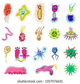 Set of bacteria characters. Cute germ and micro Microbe funny infection and virus. Funny bad emotions. Cartoon Color Monster, pathogen or parasite.