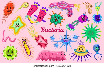 Set of bacteria characters. Cute germ and micro Microbe funny infection and virus. Funny bad emotions. Cartoon Color Monster, pathogen or parasite.