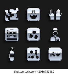 Set Bacteria, Chemical formula, Broken flask, Laboratory assistant, Propane gas tank, Periodic table, Medical rubber gloves and Gaseous icon. Vector