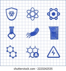 Set Bacteria, Chemical formula, High voltage sign, Laboratory glassware beaker, Molecule, Test tube and flask chemical,  and Biohazard symbol on shield icon. Vector