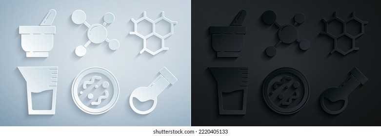 Set Bacteria, Chemical formula, Laboratory glassware beaker, Test tube and flask chemical, Molecule and Mortar pestle icon. Vector