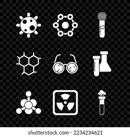 Fijar un ícono de Bacteria, Fórmula química, Tubo de ensayo y gafas de frasco, Radioactivas y de laboratorio. Vector
