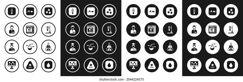 Set Bacteria, Chemical online, Laboratory assistant, Pipette, Test tube flask fire, Broken,  and  icon. Vector