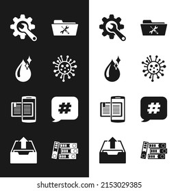 Set Bacteria, Clean water drop, Wrench and gear, Folder service, Smartphone book, Hashtag speech bubble, Office folders and Upload inbox icon. Vector