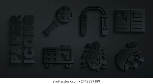 Establecer bacterias, registro clínico, espectrómetro, estructura biológica, tubo de ensayo y frasco e investigación de ADN, icono de búsqueda. Vector