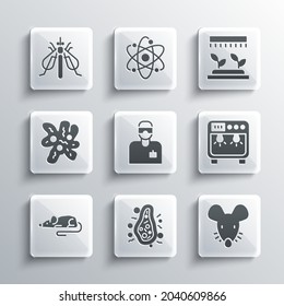 Set Bacteria, Experimental mouse, Biosafety box, Laboratory assistant, Cell, insect and Automatic irrigation sprinklers icon. Vector