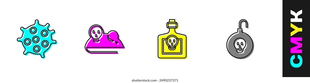 Set Bakterien, experimentelle Maus, Flasche mit Trank und Atombomben-Symbol. Vektorgrafik