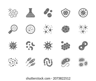 Set of Bacteria Grey Icons. Microbe, Germ, Cell, Caviar, Immune System and more.