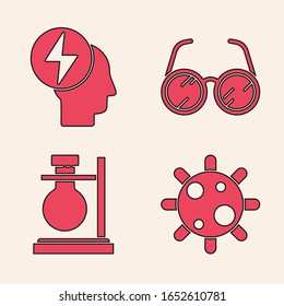 Set Bacteria, Head and electric symbol, Laboratory glasses and Test tube flask on stand icon. Vector