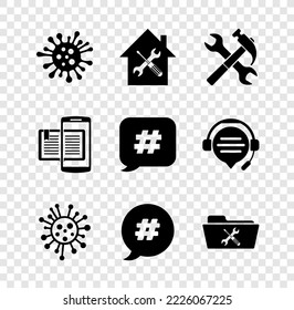 Set Bacteria, House service, Crossed hammer and wrench, Hashtag speech bubble, Folder, Smartphone book and icon. Vector