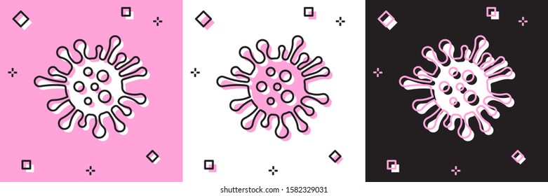 Set Bacteria icon isolated on pink and white, black background. Bacteria and germs, microorganism disease causing, cell cancer, microbe, virus, fungi.  Vector Illustration