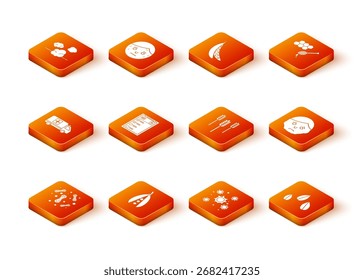 Fije las bacterias, los frijoles del riñón, el coche de emergencia, el registro clínico, el trigo, las semillas del sésamo y la inflamación en el icono de la cara. Vector