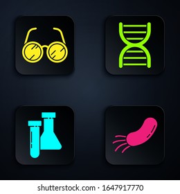 Set Bacteria, Laboratory glasses, Test tube and flask chemical and DNA symbol. Black square button. Vector