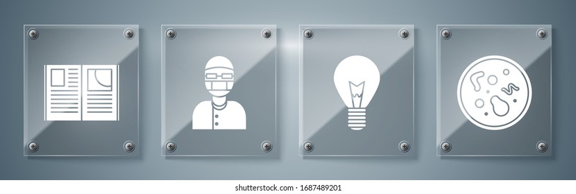 Set Bacteria, Light bulb with concept of idea, Assistant and Open book. Square glass panels. Vector
