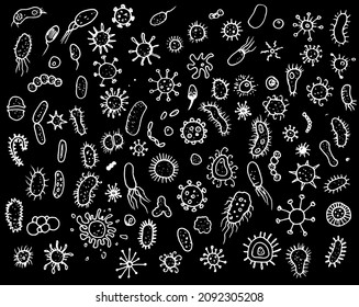 a set of Bacteria and microbes icons. pathogenic microorganisms, various types of bacteria drawn in a sketch style. isolated white outline in the style of doodles of bacteria, microbes and viruses