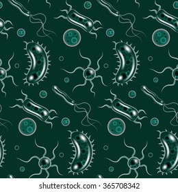 Set of bacteria, microbes under microscope seamless. Vector
