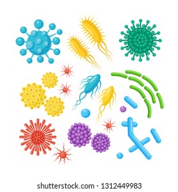 Set of bacteria, microbes, virus, germs. Disease-causing object isolated on background. Bacterial microorganisms, probiotic cells. Vector cartoon design.