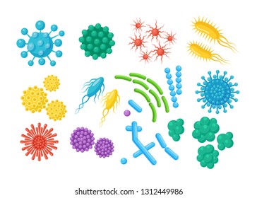 Set of bacteria, microbes, virus, germs. Disease-causing object isolated on background. Bacterial microorganisms, probiotic cells. Vector cartoon design.