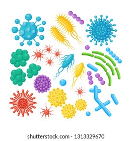 Set of bacteria, microbes, virus, germs. Disease-causing object isolated on background. Bacterial microorganisms, probiotic cells. Vector cartoon design.