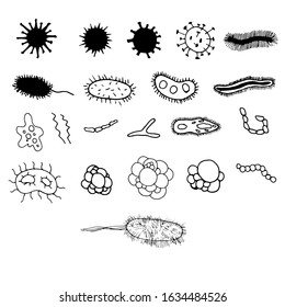 Set Bacteria, Microbes and Viruses. Microorganisms Isolated On White Background Vector Illustrated Set. Hand drawn and doodle style in white and black colors. Design for education, medecine materials