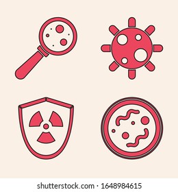 Set Bacteria, Microorganisms under magnifier, Bacteria and Radioactive in shield icon. Vector