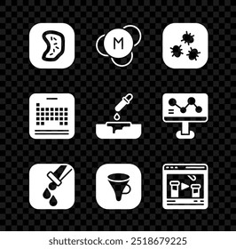 Set Bacteria, Molecule, Test tube and flask, Funnel or filter, Chemical online, Periodic table and Petri dish with pipette icon. Vector