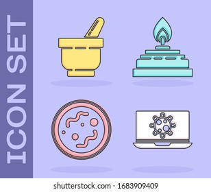 Ponga bacterias en el portátil, Mortero y almirez, Bacteria y Alcohol o icono de quemador de espíritus. Vector