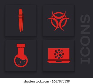 Set Bacteria on laptop, Tweezers, Biohazard symbol and Test tube and flask chemical icon. Vector