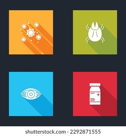 Set Bacteria, Parasite mite, Reddish eye allergic conjunctivitis and Medicine bottle and pills icon. Vector