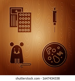 Set Bacteria, Pills in blister pack, Rat and Syringe on wooden background. Vector