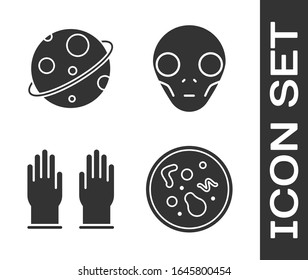 Set Bacteria, Planet, Rubber gloves and Extraterrestrial alien face icon. Vector