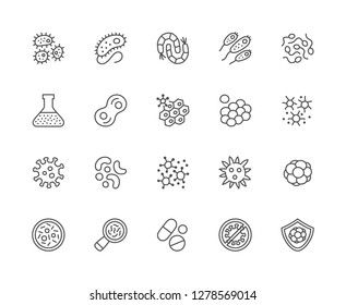 Set Of Bacteria, Probiotic And Virus Line Icons. Microbe, Germ, Cell, Caviar, Petri Dish, Immune System, Medical Pills, Laboratory Flask And More.