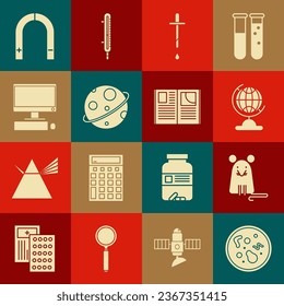 Set Bacteria, Rat, Earth globe, Pipette, Planet, Computer monitor with keyboard and mouse, Magnet and Open book icon. Vector
