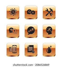 Set Bacteria, Smartphone und Buch, File Document Service, Speech Blase mit Schnarchen, Fragen Ausruf, Hammerschlüssel, sauberes Wasser Droping und Antwort Symbol. Vektorgrafik