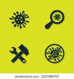Set Bacteria, Stop virus, bacteria, Crossed hammer and wrench and Microorganisms under magnifier icon. Vector