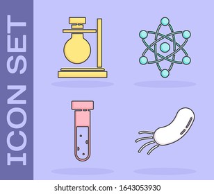 Set Bacteria, Test tube flask on stand, Test tube and flask chemical and Atom icon. Vector