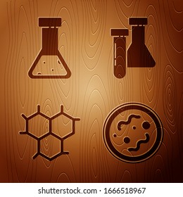 Poner en fondo de madera bacterias, probeta y quema de frasco, fórmula química y probeta y sustancia de frasco. Vector