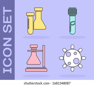 Set Bacteria, Test tube and flask chemical, Test tube flask on stand and Test tube and flask chemical icon. Vector