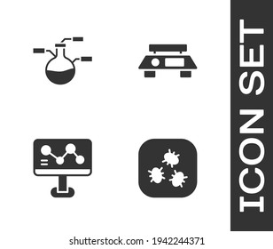 Ajuste bacterias, tubo de ensayo y matraz, fórmula química e icono de báscula electrónica. Vector