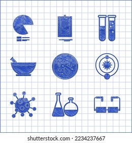 Set Bacteria, Test tube and flask chemical laboratory, Glasses, Solar system, Mortar pestle,  and Pie chart infographic icon. Vector