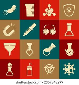 Set Bacteria, Test tube and flask chemical, Pipette, Magnet,  and Laboratory glasses icon. Vector