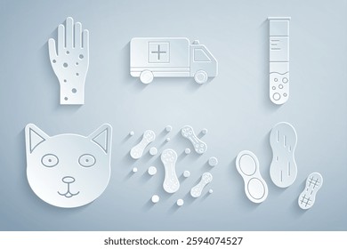 Set Bacteria, Test tube and flask, Pet, Peanut, Emergency car and Hand with psoriasis or eczema icon. Vector